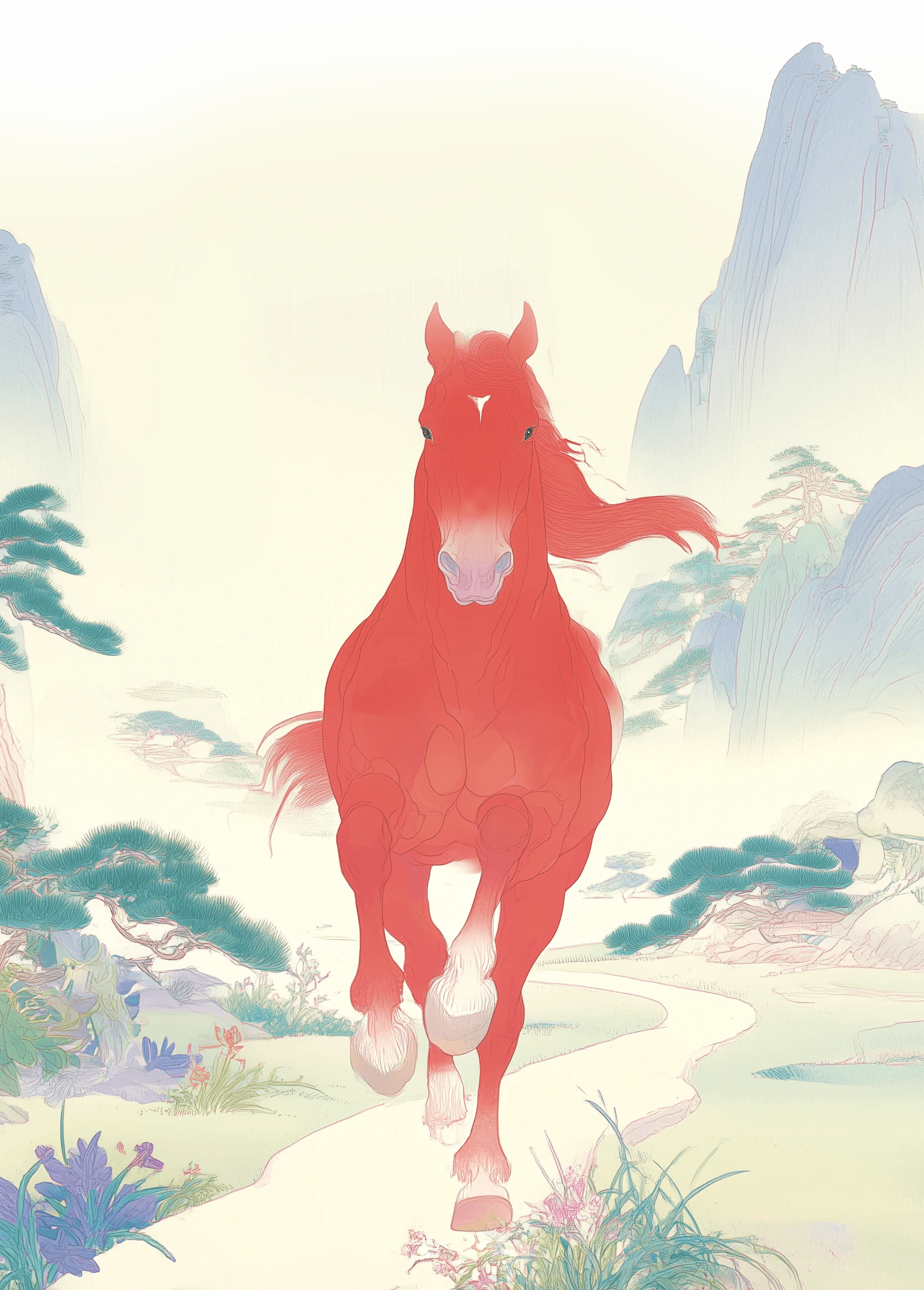 2026년 병오년을 상징하는 붉은 말이 안개 낀 산을 달리는 모습